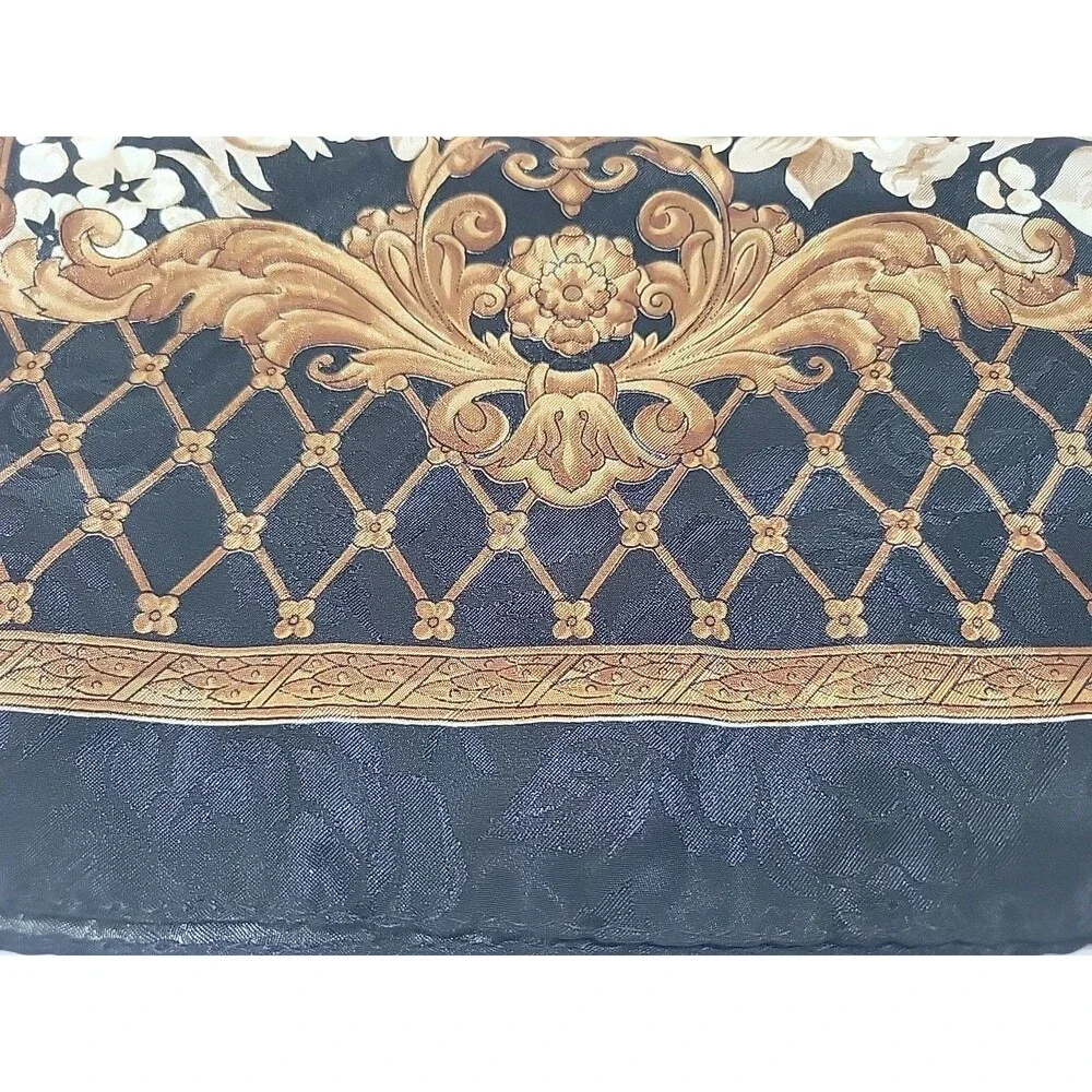 Vintage Liz Claiborne Silk Scarf Oblong Black Gold Baroque Floral Lattice Long